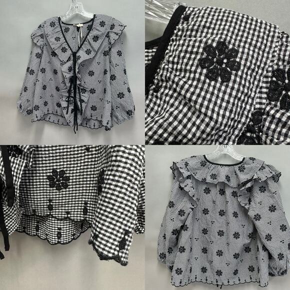 Entro gingham black & white embroidered tie front  top size small 3/4 sleeve - Picture 16 of 16
